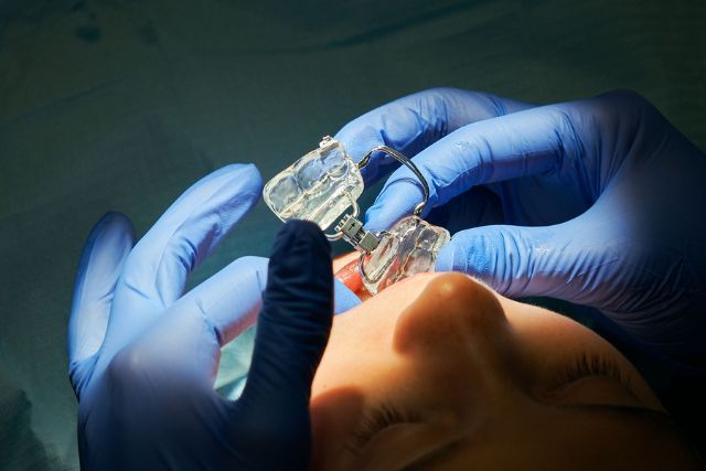 odontopediatra colocando aparato de ortopedia infantil